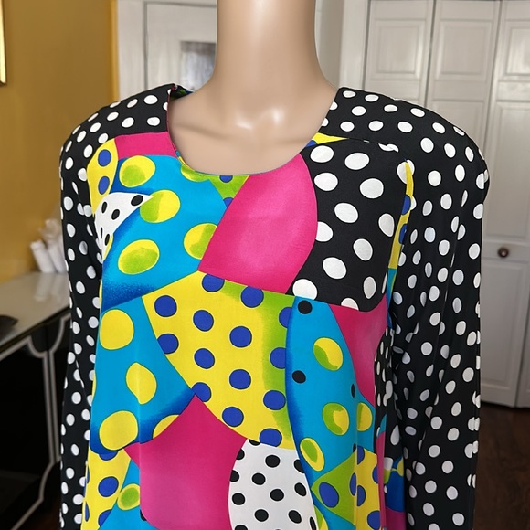 Vintage 80s Pat Argenti Colorful Polka Dot Silk A-Line Dress Size 6 - Picture 5 of 12